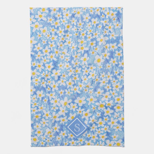 Blaues Gänseblümchen-Blumenmuster-Monogramm Geschirrtuch (Vertikal)