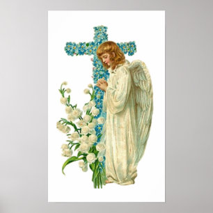 Blaues geblühtes christliches Kreuz Poster