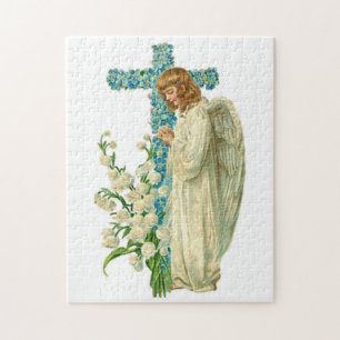 Blaues geblühtes christliches Kreuz Puzzle