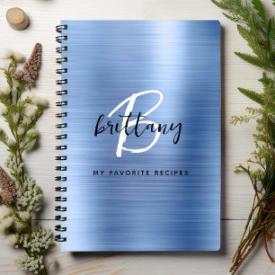 Blaues gebürstetes Metall-Monogramm-Namen-Rezeptbu Notizbuch