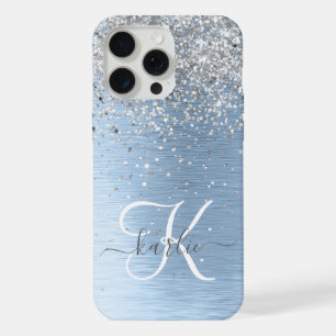 Blaues gebürstetes Metall Silber Glitter Monogramm iPhone 15 Pro Max Hülle