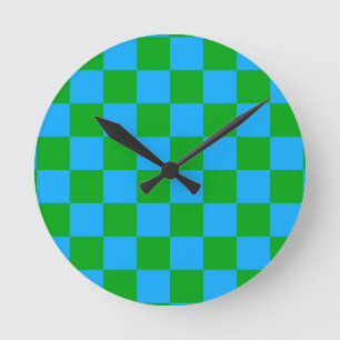 Blaues Gelb-Karo-Muster Runde Wanduhr