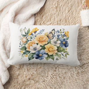 Blaues, gelbes, florales Schmetterling Wasserfarbe Lendenkissen
