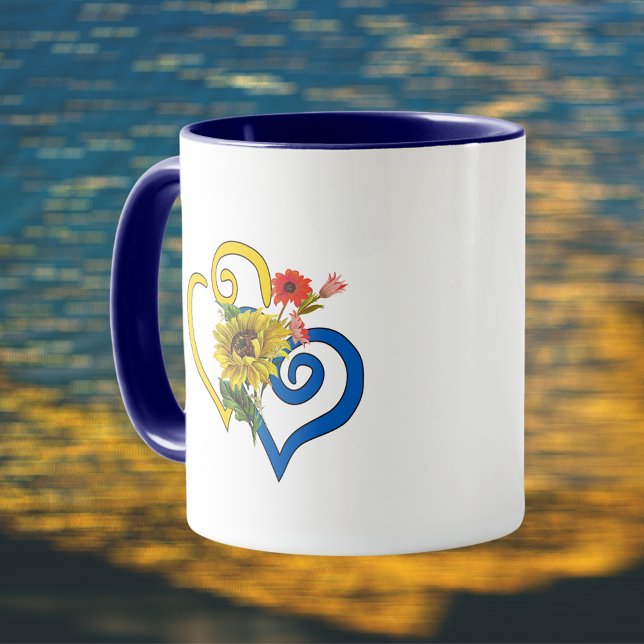 Blaues gelbes geflecktes Herz mit Sonnenblumen Bou Tasse (Von Creator hochgeladen)