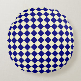 Blaues gelbes Schachbrett Diamantmuster Rundes Kissen