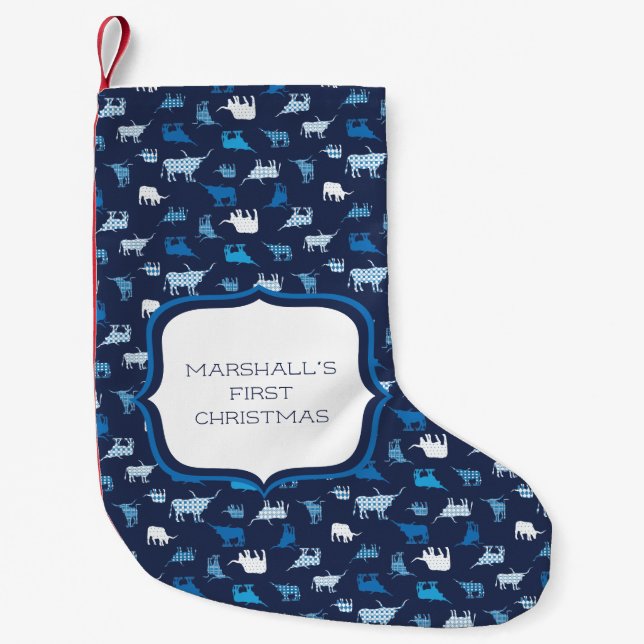 Blaues Gemustertes Langornmuster Kleiner Weihnachtsstrumpf (Vorderseite)