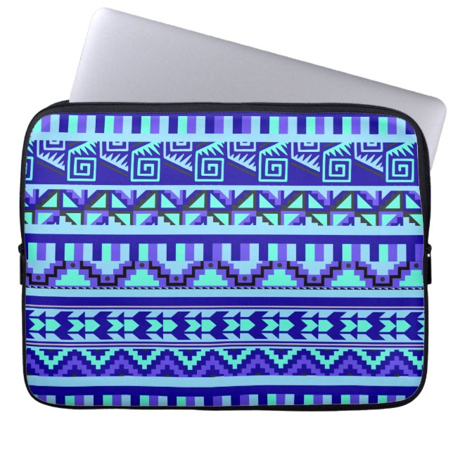 Blaues geometrisches Abstrakt Aztec Tribal Print M Laptopschutzhülle (Vorderseite)