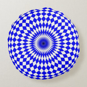 Blaues geometrisches Abstraktes 3D-Muster Rundes Kissen
