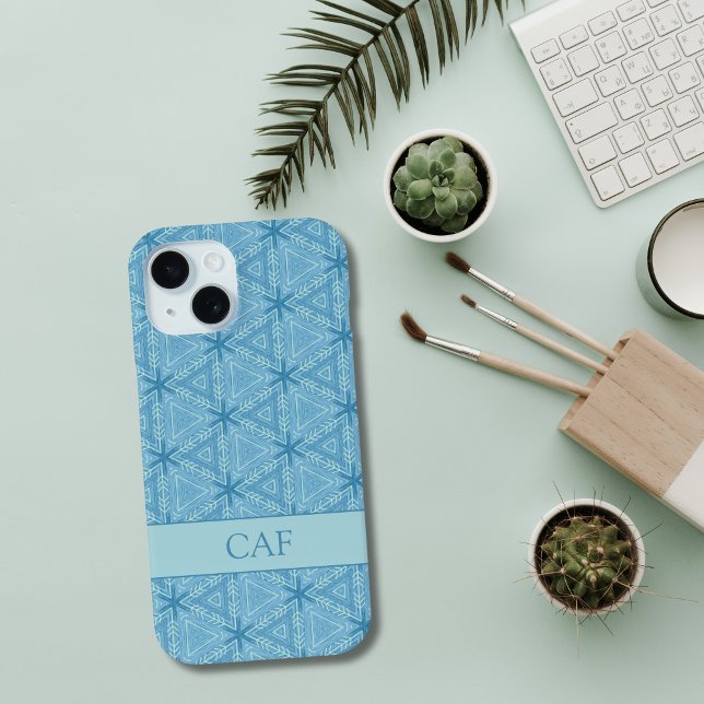 Blaues geometrisches Abstraktes Muster mit Monogra Case-Mate iPhone Hülle (Blue Geometric Abstract Monogrammed Name Initials iPhone case)