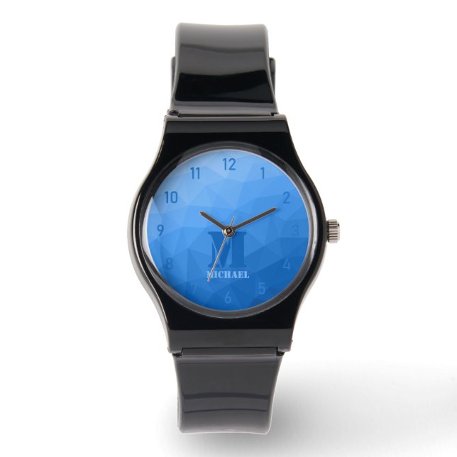 Blaues geometrisches Maschenmuster Monogram Armbanduhr (Vorderseite)