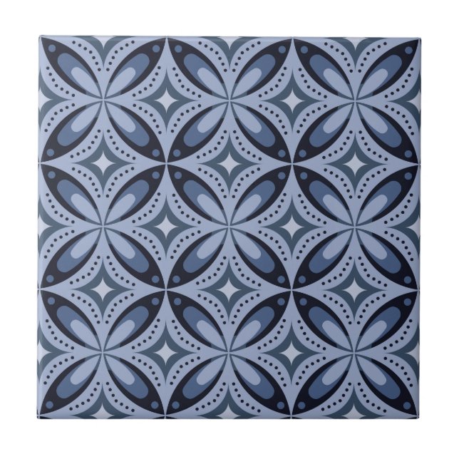 Blaues geometrisches Muster im Retro-Stil Fliese (Vorderseite)