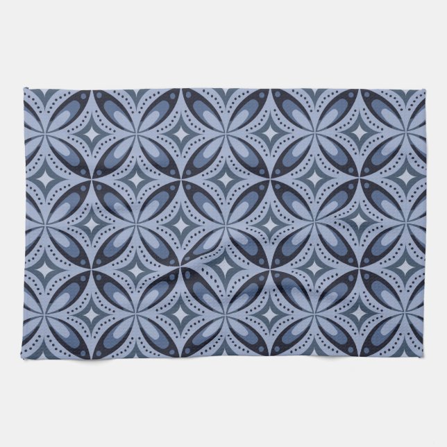 Blaues geometrisches Muster im Retro-Stil Geschirrtuch (Horizontal)