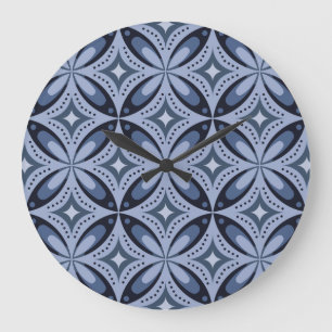 Blaues geometrisches Muster im Retro-Stil Große Wanduhr