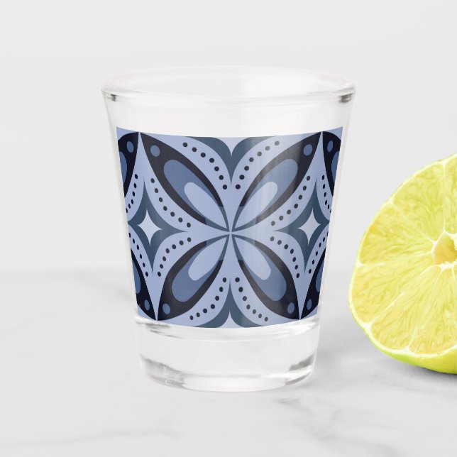 Blaues geometrisches Muster im Retro-Stil Schnapsglas (Vorderseite)