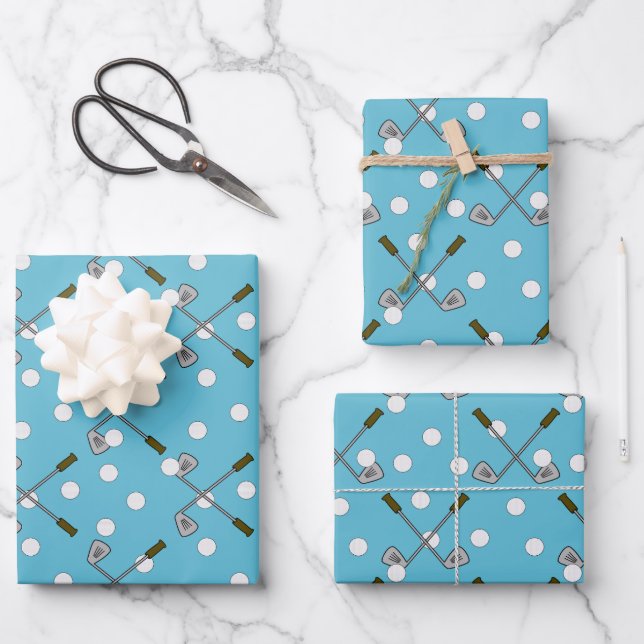 Blaues Geschenkpapier mit Golfball-/Schläger-Muste Set (Vorderseite)