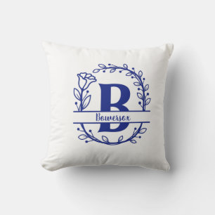 Blaues geteiltes Monogramm Florales Monogramm B Kissen