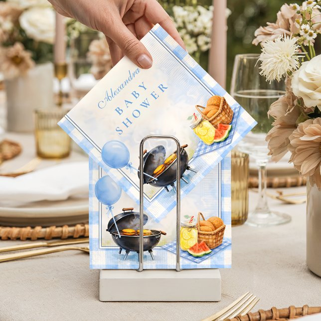 Blaues Gingham Baby Q Babyshower Serviette (Von Creator hochgeladen)