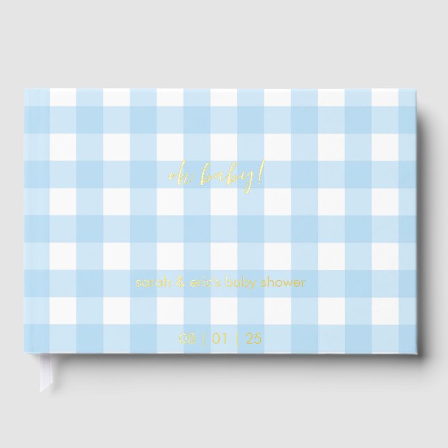 Blaues Gingham-Babyshower-Gästebuch Gästebuch (Vorderseite)