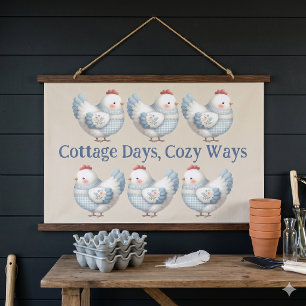 Blaues Gingham-Haus-Huhn  Wandteppich Mit Holzrahmen
