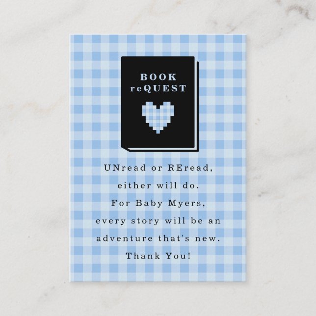 Blaues Gingham-Herz-Buch-Anfrage Begleitkarte (Vorderseite)