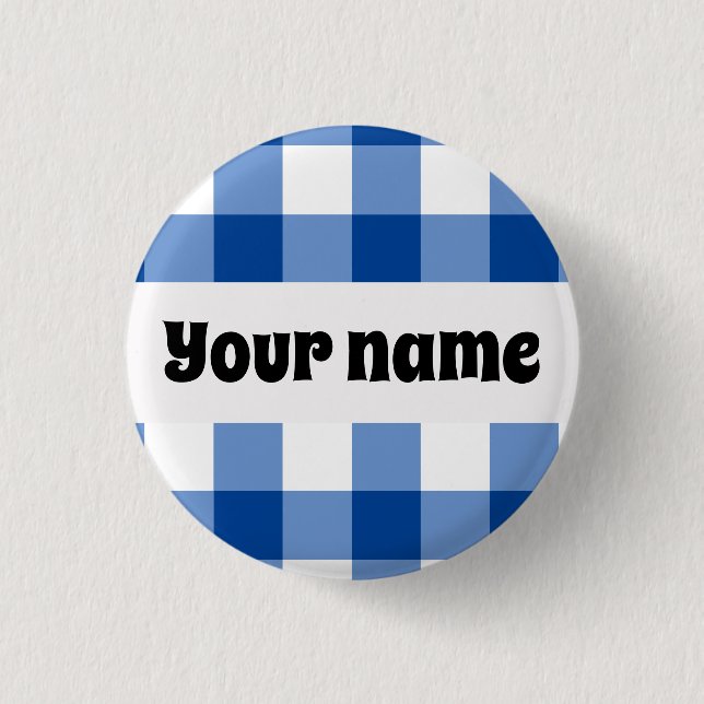 Blaues Gingham-Muster Button (Vorderseite)