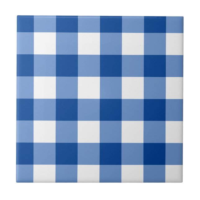 Blaues Gingham-Muster Fliese (Vorderseite)