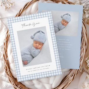Blaues Gingham-Muster Jungen Baby Danke Karte