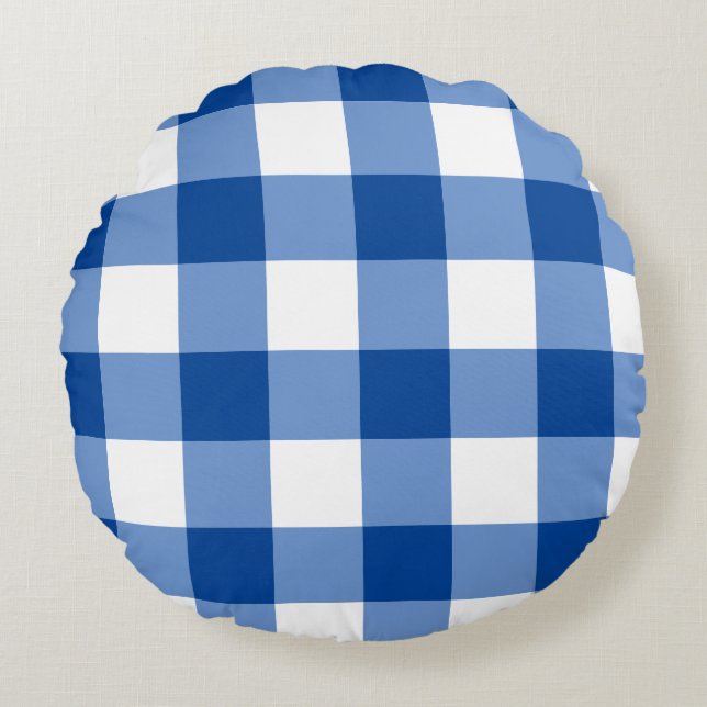 Blaues Gingham-Muster Rundes Kissen (Vorderseite)