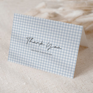 Blaues Gingham-Muster Schrift gefaltet Dankeskarte