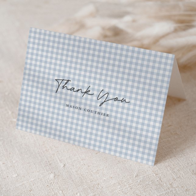 Blaues Gingham-Muster Schrift gefaltet Dankeskarte (Blue Gingham Check Baby Boys Folded Photo Thank You Note Cards.)