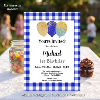 Blaues Gingham, Partyballons 1. Geburtstag Einladung