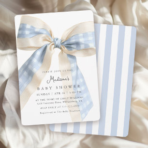 Blaues Gingham-Schleifen Süße Babyparty Einladung