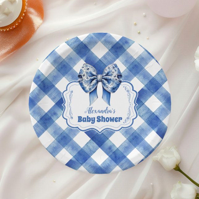 Blaues Gingham und Schleife  Pappteller (Von Creator hochgeladen)