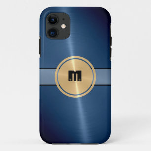 Blaues glänzendes Edelstahl-Metall und Goldknopf  Case-Mate iPhone Hülle
