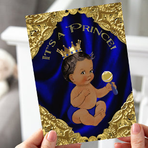 Blaues Gold Afroamerikanischer Prinz Baby Shower Einladung