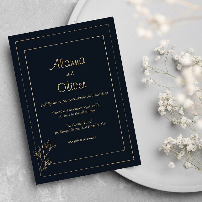 Blaues Gold, einfache, minimalistische blumenreich Einladung (Navy blue gold simple minimalist floral Wedding)