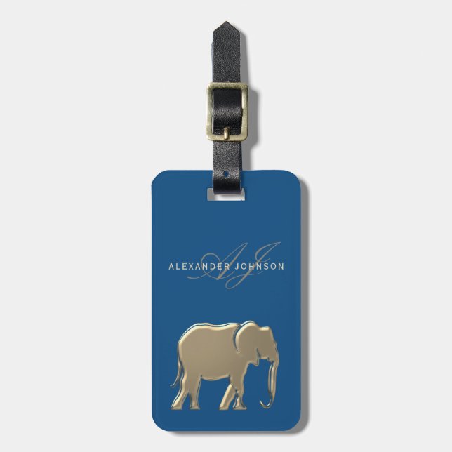 Blaues Gold Elefant Monogramm Gepäckanhänger (Vorderseite vertikal)