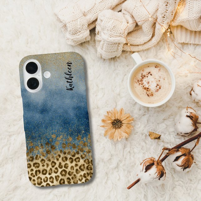 Blaues Gold Glitter Leopard Druck Monogramm Name Case-Mate iPhone Hülle (Blue gold glitter leopard print monogrammed name iPhone case 17 16 15 14 13 12 11 Pro Max Plus Mini)