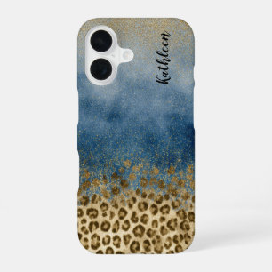 Blaues Gold Glitter Leopard Druck Monogramm Name iPhone 16 Hülle