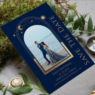 Blaues Gold Himmelssonne Mond Sterne Doppel-Foto Save The Date
