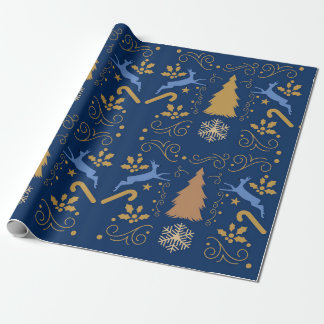 Blaues Gold-Rentier-Weihnachten Geschenkpapier