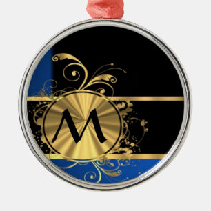 Blaues Gold und schwarze Monogramm Silbernes Ornament