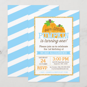 Blaues Gold wenig Kürbis-Jungen-erster Geburtstag Einladung