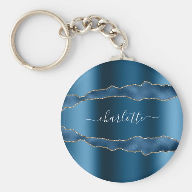 Blaues Goldbarren-Marmornamenskript Schlüsselanhänger (Vorne)