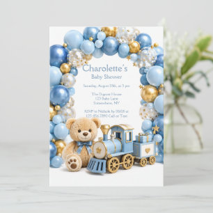 Blaues Goldener Teddybär-Zug-Junge-Baby-Party Einladung