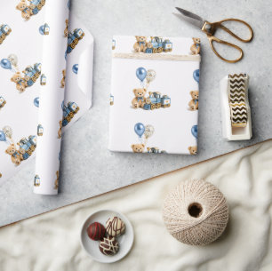 Blaues Goldener Teddybär-Zug-Junge-Baby-Party Geschenkpapier