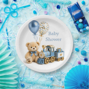 Blaues Goldener Teddybär-Zug-Junge-Baby-Party Pappteller