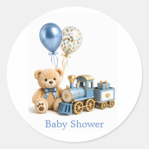 Blaues Goldener Teddybär-Zug-Junge-Baby-Party Runder Aufkleber