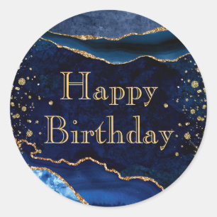 Blaues & Goldenes Glitter-Marmor-Achat-Geburtstag Runder Aufkleber