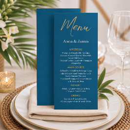 Blaues & Goldenes Hochzeitsempfangsmenü am Zielort Menükarte